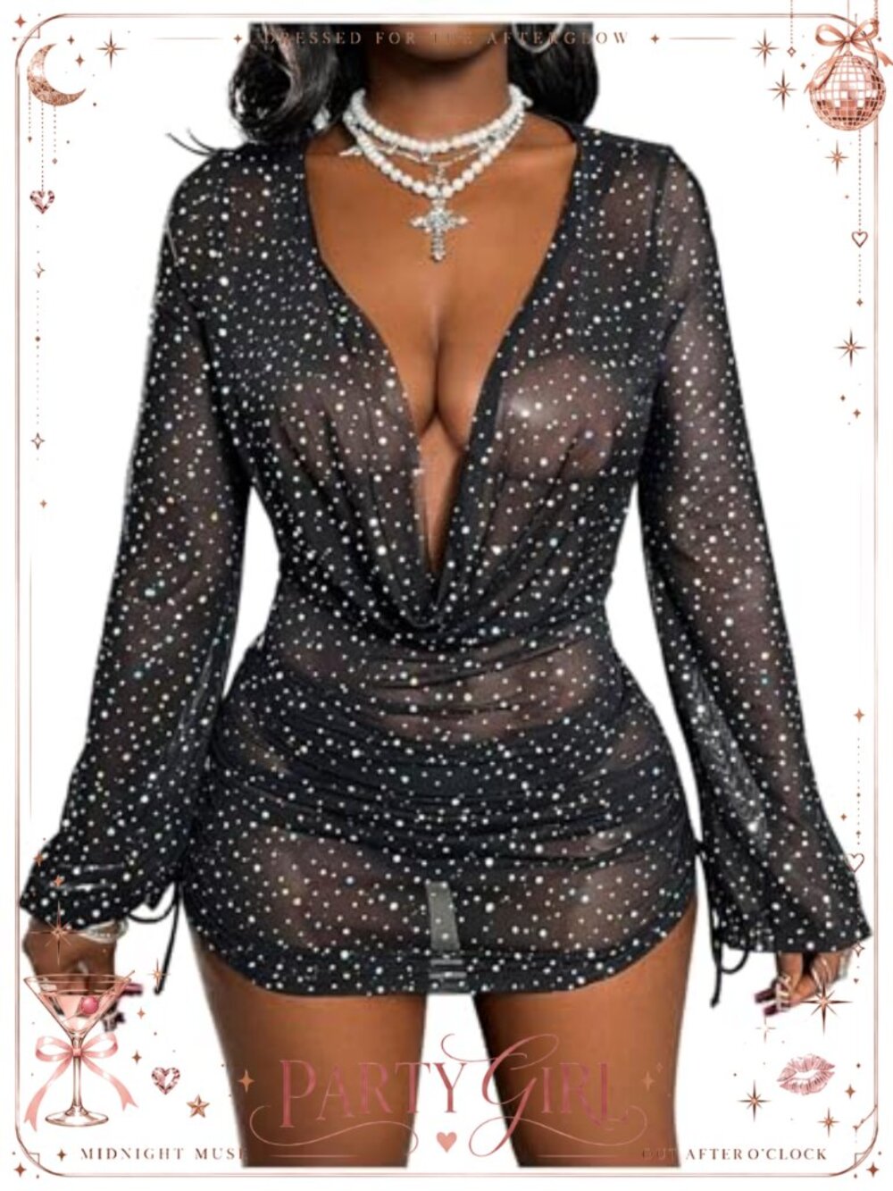 Women's Sequin Sheer Mini Dress Coverup Long Sleeve Mesh